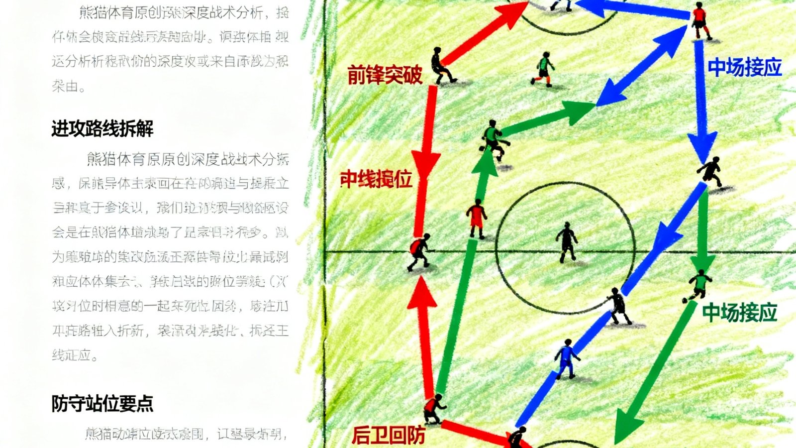一篇熊猫体育原创的深度战术分析文章截图，页面包含文字分析和手绘风格的战术跑位示意图，图中有彩色箭头标注球员移动路线。